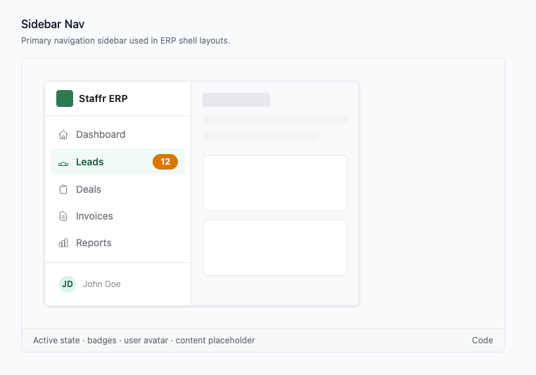 Sidebar nav component — active state, badges, user avatar