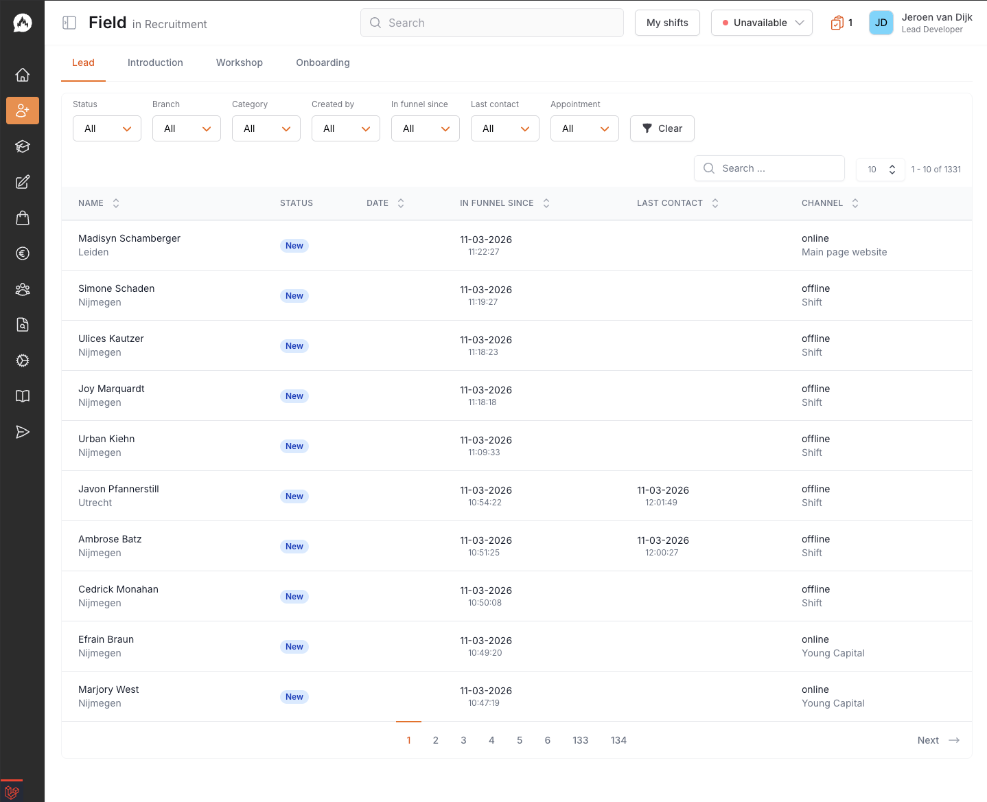 Lead management table view